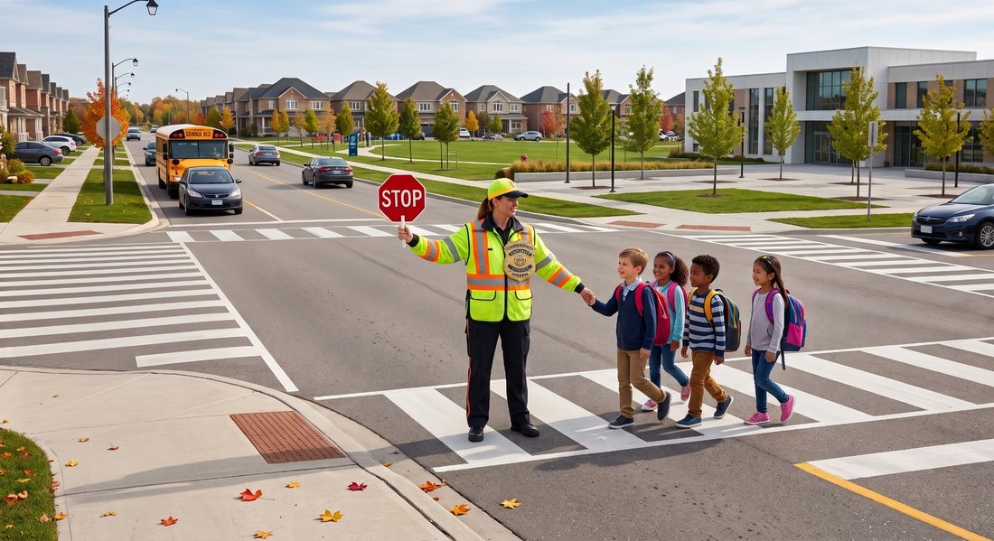 A crossing guard holds up a stop sign to safely guide a group of schoolchildren across a Bradford street near their school.