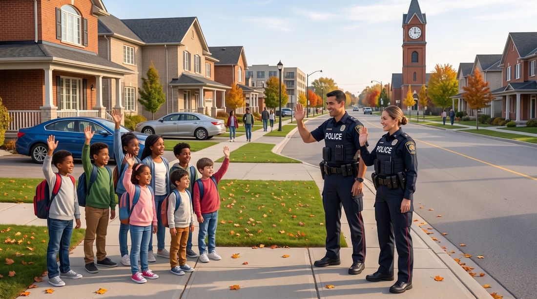 Two South Simcoe Police officers greet a group of schoolchildren with backpacks on a Bradford sidewalk.