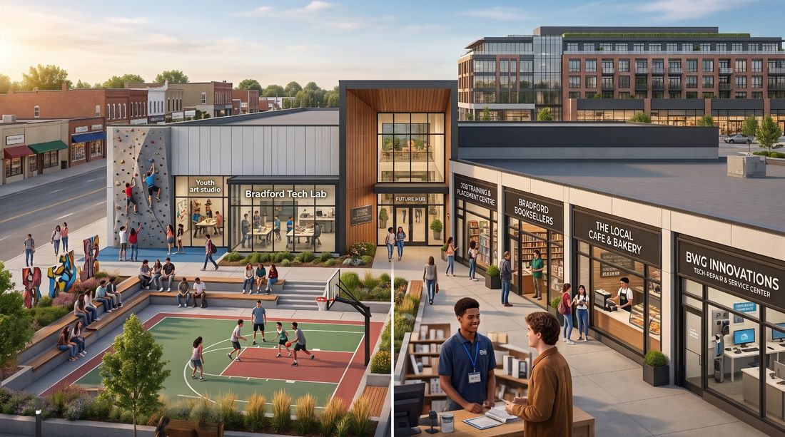 A revitalized Bradford downtown block with a youth tech lab, a job training centre, a bookstore, and a cafe where teens and young adults work and gather.