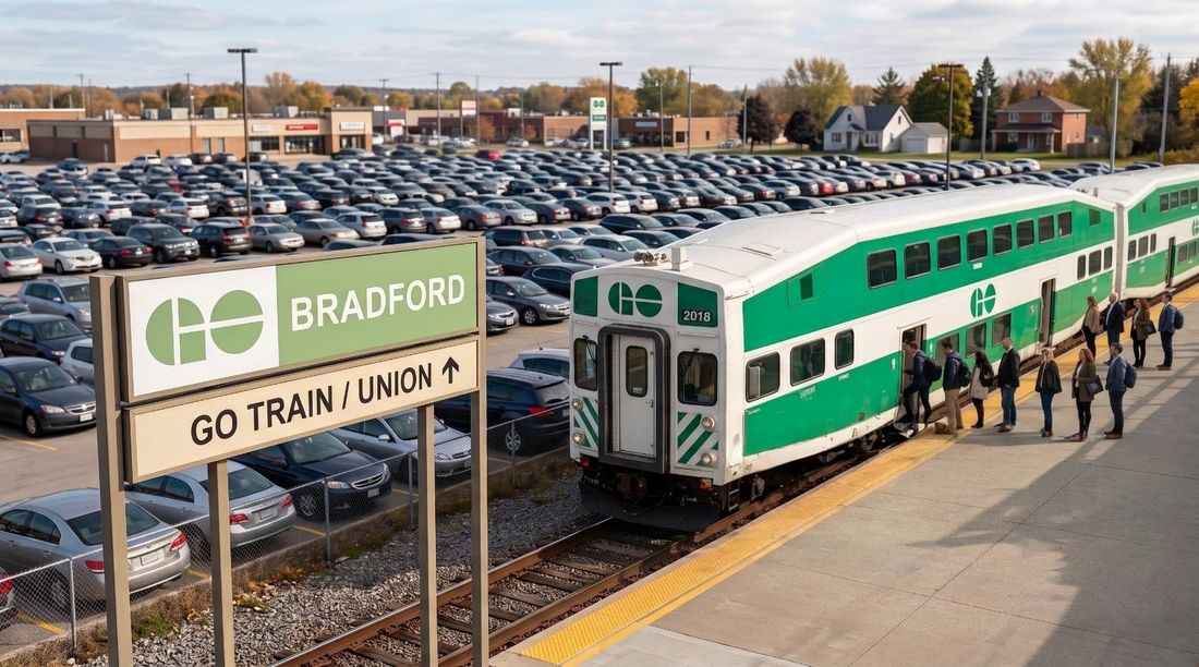 A GO train arrives at the Bradford GO Station platform beside a full commuter parking lot.