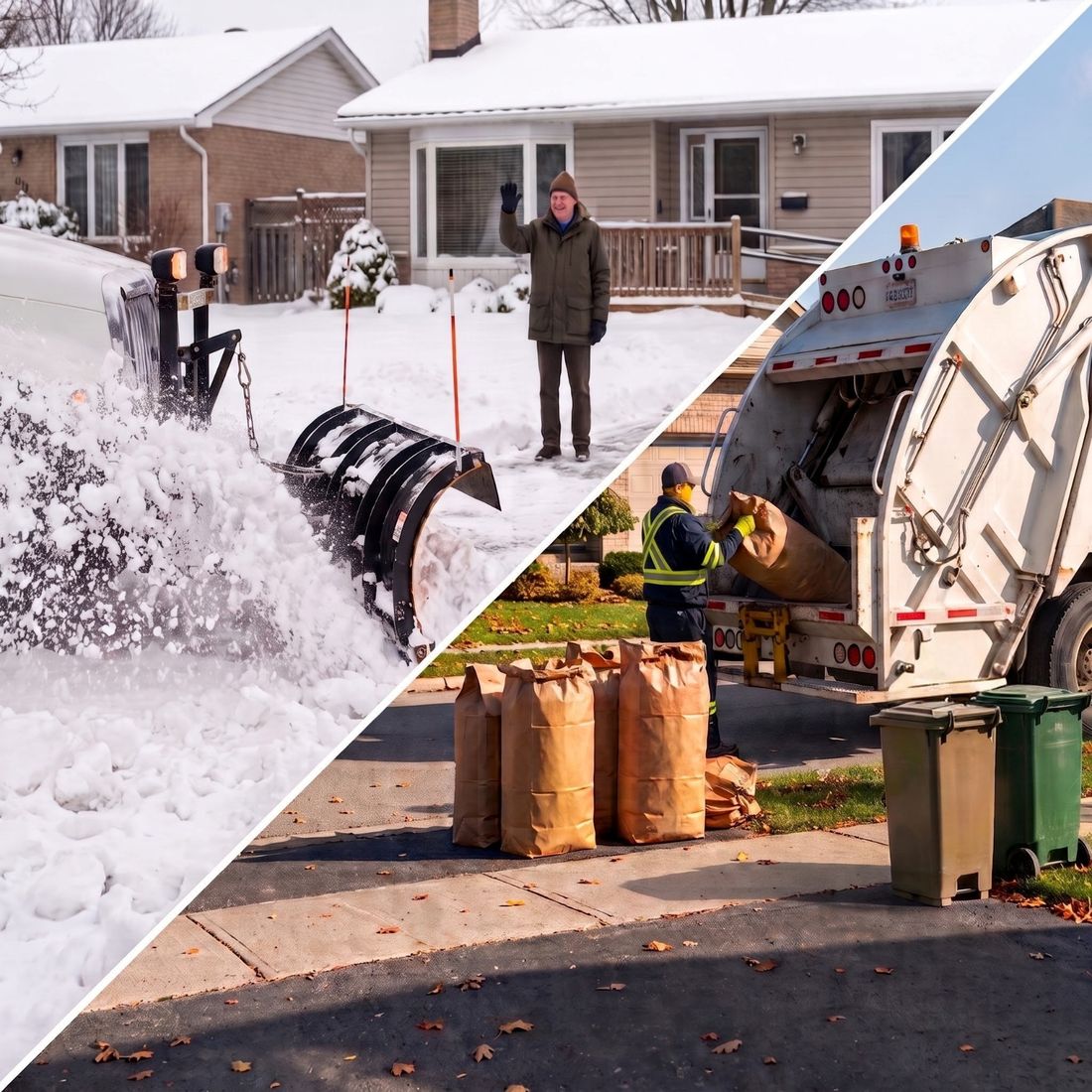 Split image: a Town plow clears a windrow from a senior resident's driveway on the left, while a crew collects bagged yard waste on the right.