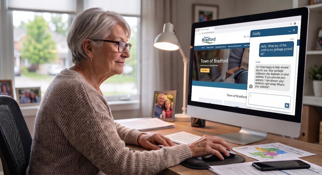 A resident uses Gwilly, the Town of Bradford West Gwillimbury's AI chatbot, on her home computer to ask about her garbage pickup schedule.